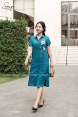 SONO - Đầm sơ mi tay ngắn linen thêu hoa