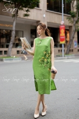 SONO - Đầm linen sát nách thêu hoa chấm màu