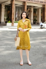 SONO - Đầm linen sơ mi thêu hoa vai