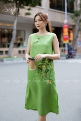 SONO - Đầm linen sát nách thêu hoa chấm màu