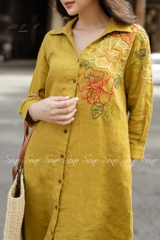 SONO - Đầm linen sơ mi thêu hoa vai