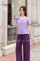 SONO - Áo linen cổ vuông thêu viền cổ