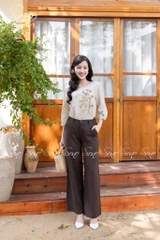 SONO - Áo linen tay lỡ thêu cành lá nâu