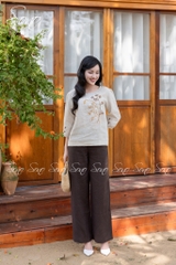 SONO - Áo linen tay lỡ thêu cành lá nâu