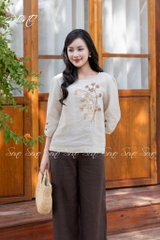 SONO - Áo linen tay lỡ thêu cành lá nâu
