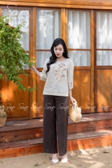 SONO - Áo linen tay lỡ thêu cành lá nâu