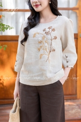 SONO - Áo linen tay lỡ thêu cành lá nâu