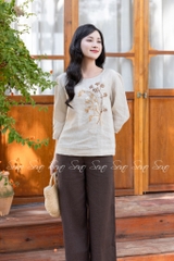 SONO - Áo linen tay lỡ thêu cành lá nâu