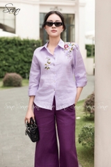 SONO - Áo sơ mi dài tay linen thêu hoa vai