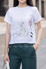 SONO - Áo linen viền ren cổ thêu cây cỏ