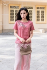 SONO - Áo linen cổ tròn thêu chùm hoa ngâu