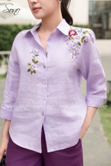 SONO - Áo sơ mi dài tay linen thêu hoa vai