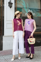 SONO - Áo linen sát nách vẽ búp sen