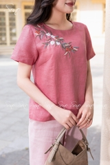 SONO - Áo linen cổ tròn thêu chùm hoa ngâu