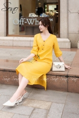 SONO - Đầm linen cổ tim tay lồng đèn thêu chuồn chuồn