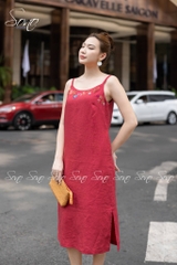 SONO - Đầm linen 2 dây thêu viền cổ