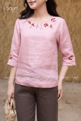 SONO - Áo linen tay lỡ thêu quanh cổ và tay