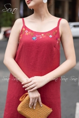 SONO - Đầm linen 2 dây thêu viền cổ