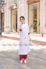 SONO - Áo dài trắng thêu hoa nhỏ màu đỏ