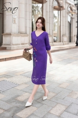 SONO - Đầm linen cổ tim tay lồng đèn thêu chuồn chuồn