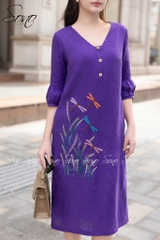 SONO - Đầm linen cổ tim tay lồng đèn thêu chuồn chuồn