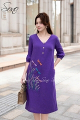 SONO - Đầm linen cổ tim tay lồng đèn thêu chuồn chuồn