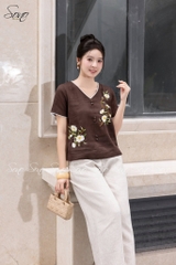 SONO - Áo linen cổ tim viền ren thêu hoa đặc