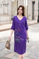 SONO - Đầm linen cổ tim tay lồng đèn thêu chuồn chuồn