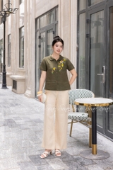 SONO - Áo linen cổ sen thêu hoa vàng