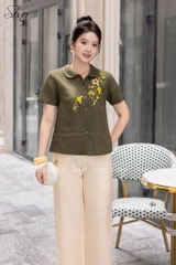 SONO - Áo linen cổ sen thêu hoa vàng