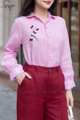 SONO - Áo sơ mi linen dài tay thêu chuồn chuồn
