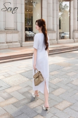 SONO - Đầm linen có tay nút bọc thêu hoa rơi