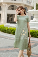 SONO - Đầm linen thêu hoa màu trắng