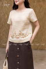 SONO - Áo linen tay ngắn thêu quấn bọ