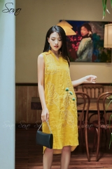 SONO - Đầm linen sơ mi thêu lá to