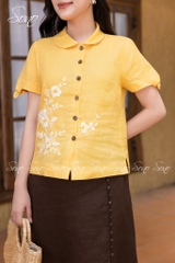 SONO - Áo linen cổ sen tay nơ thêu hoa trắng
