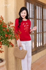 SONO - Áo linen tay lỡ thêu cành lá nâu