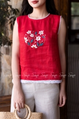 SONO - Áo linen sát nách thêu hoa phối viền ren