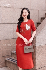 SONO - Đầm linen nút bọc tay thêu hoa mẫu đơn