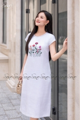 SONO - Đầm linen cổ đan thêu ngực