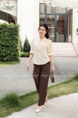 SONO - Áo linen xếp ly cổ tàu