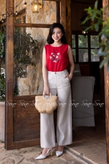 SONO - Áo linen sát nách thêu hoa phối viền ren