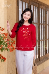 SONO - Áo linen tay lỡ thêu cành lá nâu