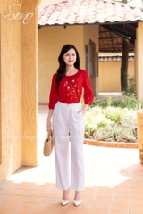 SONO - Áo linen tay lỡ thêu cành lá nâu