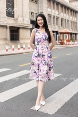 SONO - Đầm linen hoa tím chạy ren eo