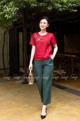 SONO - Áo linen đính nút gỗ thêu hoa