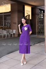 SONO - Đầm linen nút bọc tay thêu hoa mẫu đơn
