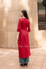 SONO - Áo dài linen cổ đan tay thêu cành lá