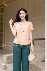 SONO - Áo linen tay ngắn thêu hoa mắc cỡ