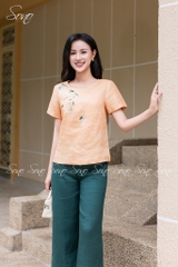 SONO - Áo linen tay ngắn thêu hoa mắc cỡ